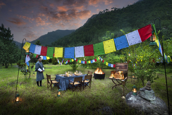 Outdoor dining at Bhutan’s Punakha River Lodge.