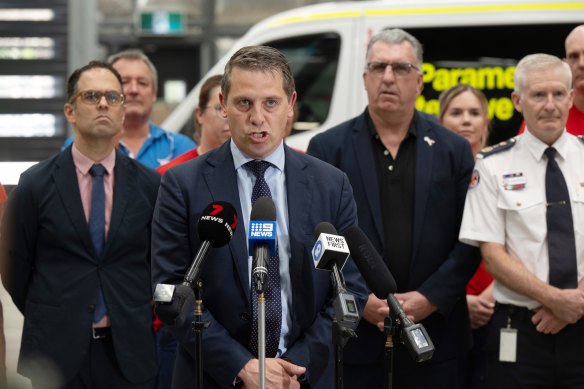 Treasurer Daniel Mookhey, Health Minister Ryan Park, HSU secretary Gerard Hayes and Ambulance Commissioner Dominic Morgan joined paramedics at Randwick Ambulance station to announce the pay agreement.