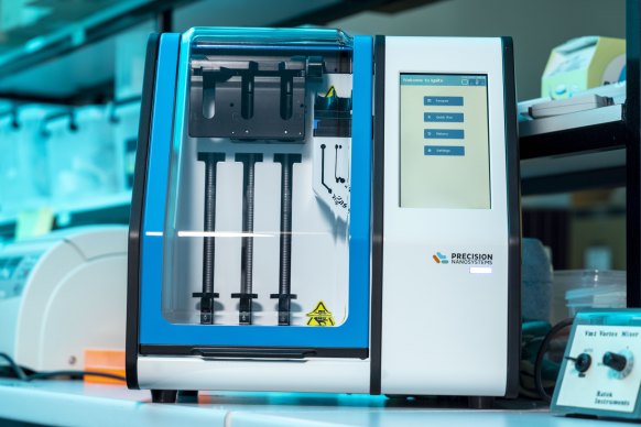 The crucial machine that encapsulates mRNA in lipid nanoparticles. A larger version of this device will make the vaccine for the clinical trial.