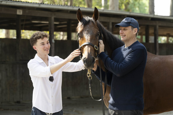 Jockey Zac Lloyd and trainer Bjorn Baker with racehorse Stefi Magnetica at Warwick Farm.