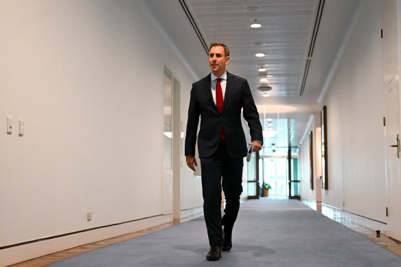 Australian Treasurer Jim Chalmers arrives to speak to the media in Canberra today.