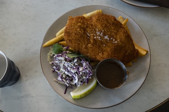 The pub’s $18 chicken schnitzel special.