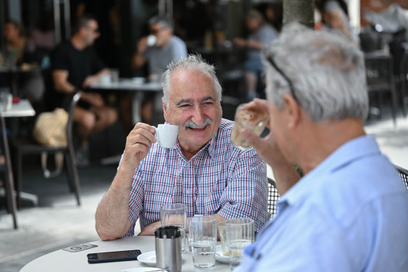 Gregory Liakatos shares a Greek coffee with lifelong friend James Kaloumeris at Eaton Mall in Oakleigh.