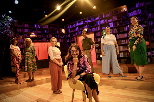 Anita Heiss on set of her play, Tiddas with cast from left to right, Perry Mooney, Roxanne McDonald, Anna McMahon, Sean Dow, Lara Croydon and Jade Lomas-Ronan. 