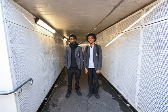 Mohamed Jama (left) and Ahmed Isaack dislike using the “disgusting” underpass at Broadmeadows station.