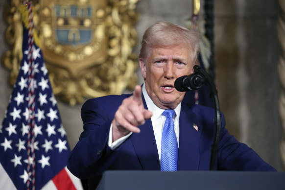 Donald Trump addresses the media at Mar-a-Lago after Russian-US talks in Saudi Arabia.
