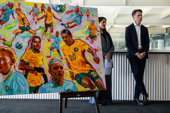 NSW Premier Chris Minns helps unveil a mural by artist Kirthana Selvaraj honouring the Matildas - and, most prominently, their captain, Sam Kerr.