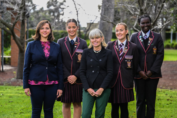Haileybury Girls College senior school head of teaching and learning Sabine Partington (left) with student Victoria Paitaridis, head of senior school Pam Chamberlain, and students Zara Scammell and Ayak Agook.