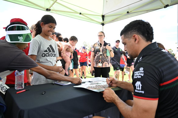 Meet and greet: Rabbitohs players  Cody Walker, Tyrone Munro and Latrell Mitchell attended a youth camp in Moree on Wednesday, along with Premier Chris Minns. 