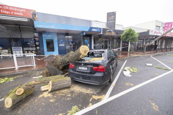 The aftermath of Tuesday night’s storm in Clayton, in Melbourne’s south-east. 