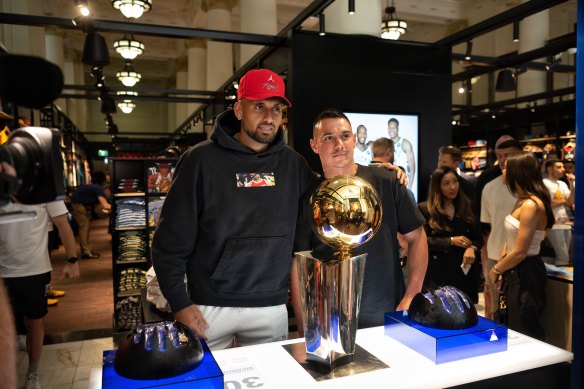 Nick Kyrgios and Tim Tszyu at the opening of the NBA store in Sydney.