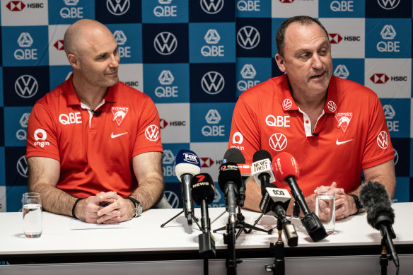 Sydney coach John Longmire, right, and Swans CEO Tom Harley, left, announced Franklin’s retirement.