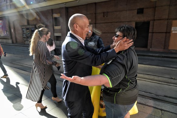 Charlie Teo is greeted by supporters outside the disciplinary hearing this week.