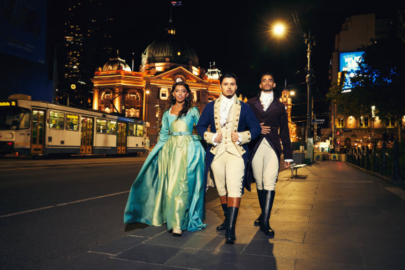 Members of the Melbourne production – Jason Arrow as Alexander Hamilton, Lyndon Watts as Aaron Burr and Chloe Zuel as Eliza Hamilton – in Melbourne.

