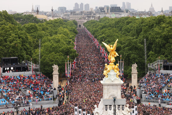 Crowds gather on The Mall in London to celebrate the Queen’s Platinum Jubilee in June.