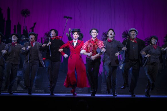 Stefanie Jones as Mary Poppins and Jack Chambers as Bert and cast in Mary Poppins.