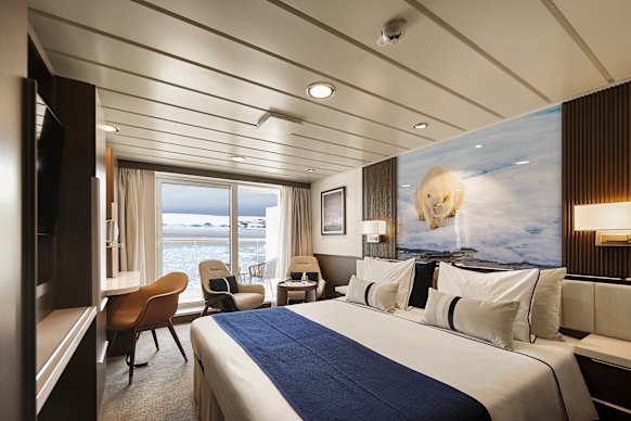 The interior of a Balcony Stateroom on board the Douglas Mawson.