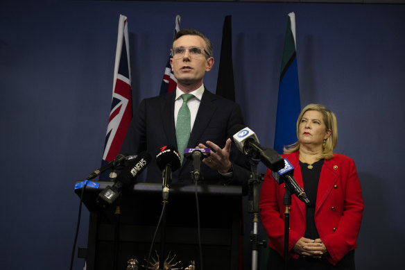 Premier Dominic Perrottet and Minister for Women Bronnie Taylor addressing the media after the release of the Broderick review on Friday.