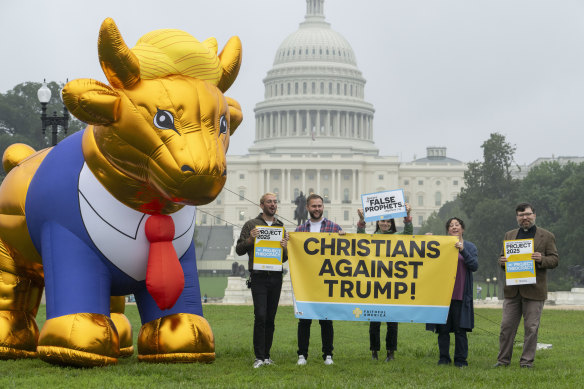 Faithful America members on Wednesday gathered near the organisation’s 4.5-metre-tall golden calf resembling Donald Trump in front of the US Capitol Building to showcase the group’s opposition.