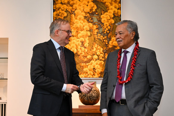 Australian Prime Minister Anthony Albanese (left) speaks to Secretary-General of the Pacific Islands Forum (PIF) Henry Puna during a meeting at Parliament House in Canberra.