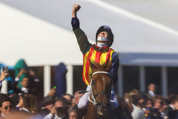 James McDonald celebrates after winning The Everest aboard Nature Strip.