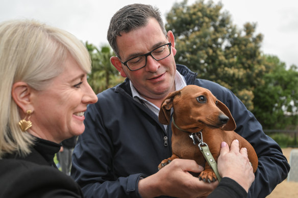 Victorian Premier Daniel Andrews and his wife Catherine on the campaign trail earlier today. 