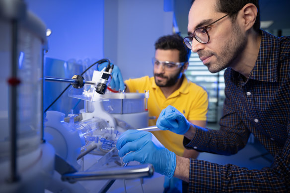 Dr Naficy (foreground) and Dr Talebian with a machine that recreates the pumping of a heart so they can test the durability of replacement heart valves.