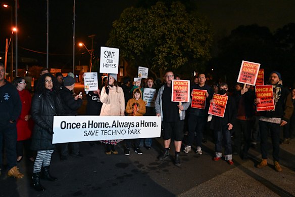 The residents and supporters of Techno Park Drive Rally out of Hobsons Bay Civic Center in 2023.