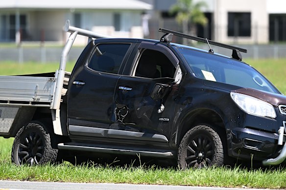 A damaged black ute was spotted on the street near Belivah Road, Belivah