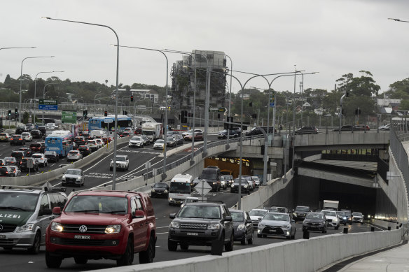 Traffic from Rozelle, heading toward the camera on the left-hand side of this photo, is forced into one lane before merging with the tunnel traffic.