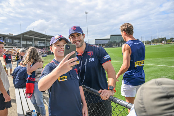 Christian Petracca does a meet and greet with Melbourne fans at Casey Fields in Cranbourne earlier this month.