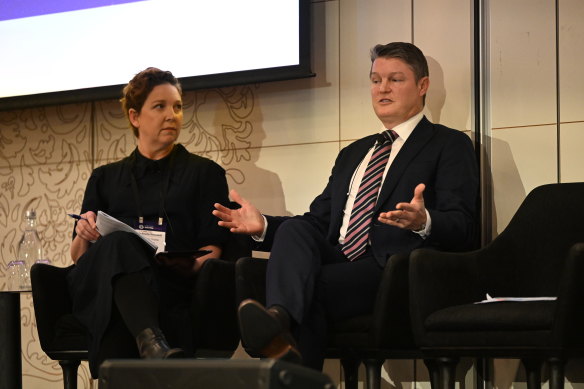 Education editor Robyn Grace and Education Minister Ben Carroll at The Age Schools Summit.