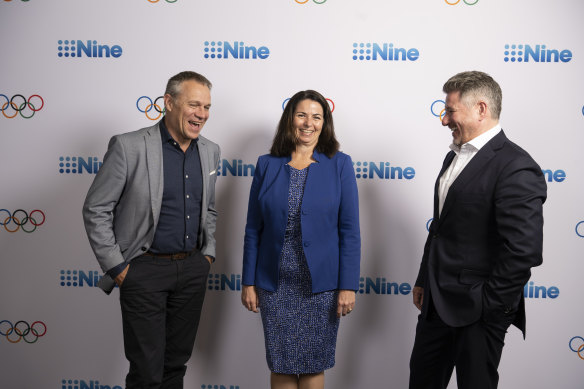 The Nine team that secured the deal: head of strategy Matt Stanton (left), general counsel Rachel Launders and chief executive Mike Sneesby.