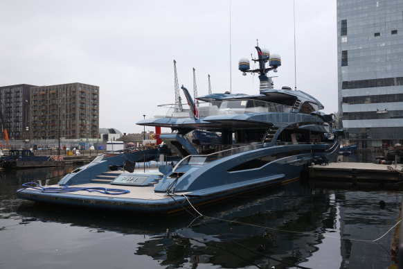 The Superyacht Phi, which was seized by UK government, at Canary Wharf on March 29.