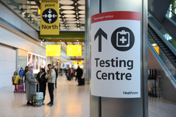 A COVID testing centre sign at Heathrow Terminal in London, England. 