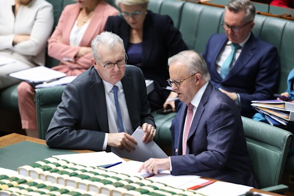 Immigration Minister Tony Burke (left) and Prime Minister Anthony Albanese during parliamentary question time earlier this week.