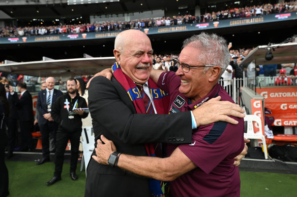 Leigh Matthews embraces Chris Fagan after Saturday’s victory. 