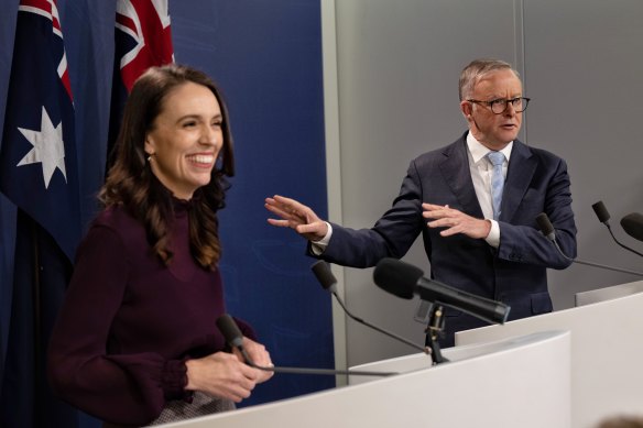 New Zealand Prime Minister Jacinda Ardern with Australian Prime Minister Anthony Albanese at a press conference in Sydney on Friday.