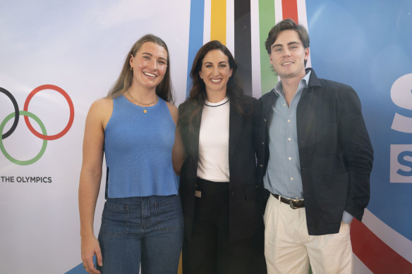 Water polo star Tilly Kearns, former rugby player Alicia Lucas, and Australia’s fastest man, Rohan Browning, at Stan’s Olympic launch. 