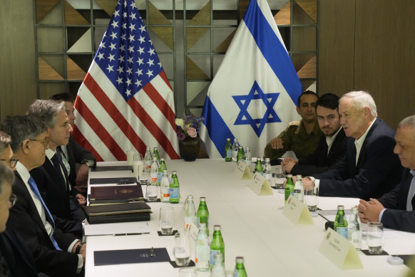 Benny Gantz (right) meets an American delegation, including US Secretary of State Anthony Blinken, in Tel Aviv last month.