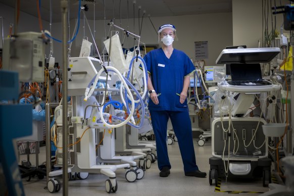 ICU nurse Tayla Christofakakis, at Austin Hospital in Heidelberg on September 15. Victorian government modelling suggests a substantial risk ICU capacity could be exceeded soon.