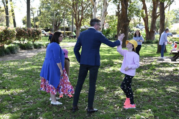 Premier Dominic Perrottet in Willoughby on Sunday with Education Minister Sarah Mitchell.