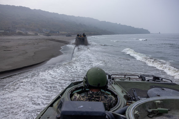 A soldier manoeuvres an AAVP7 amphibious vehicle during the two-day routine drills to show combat readiness ahead of Lunar New Year holidays at a military base on January 12, 2023 in Kaohsiung, Taiwan.