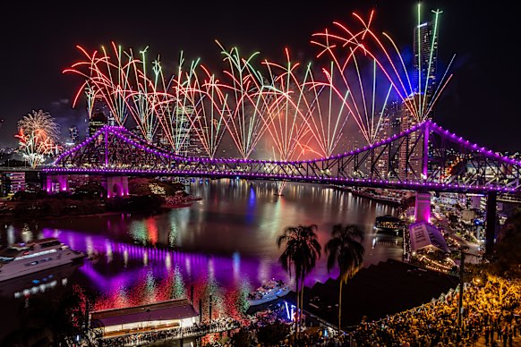 The Riverfire fireworks in 2023. The Commission of Inquiry into the CFMEU heard they were almost cancelled due to people on the under-construction Kangaroo Point Bridge.