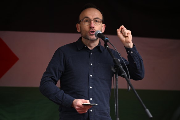 Greens Leader Adam Bandt at a pro-Palestinian rally outside State Library Victoria on Sunday.