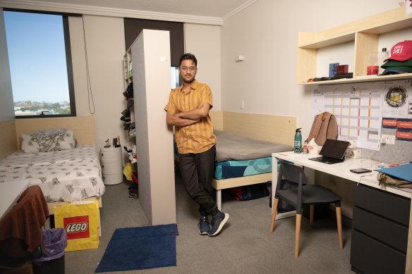 Raghav Motani in his student accommodation at Scape, Haymarket, Sydney.