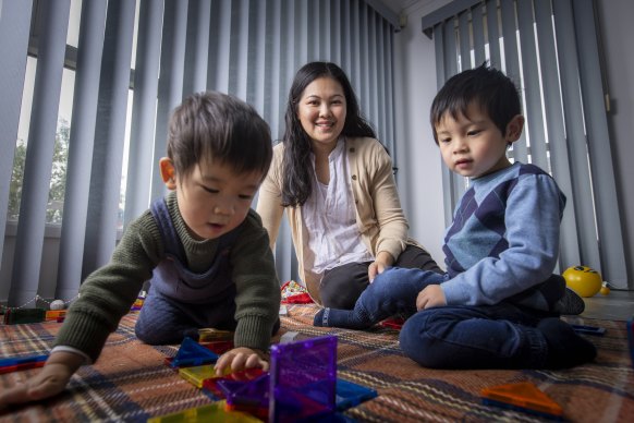 Pharmacist Diane Kwok with sons Isaac, three, and Tobias, one.