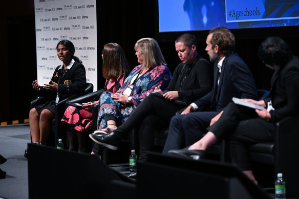 Grade 12 student Gitaanjali Nair, an elected member of the Victorian Student Representative Council (left) with a panel discussing mental health.