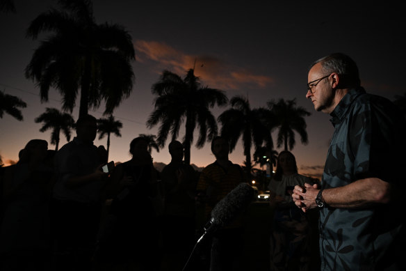 Prime Minister Anthony Albanese outside the Grand Pacific Hotel on Thursday after his meetings in Suva. 