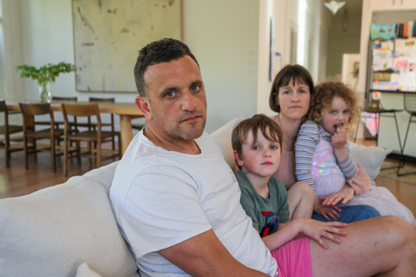Jim Marinis and wife Mary-Jane Daffy, with children Archie and Iris, had their data exposed in the Optus hack.